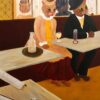 Deux chats anthropomorphes assis dans un café tamisé, inspirés de L’Absinthe d’Edgar Degas, contemplant le vide avec mélancolie et ironie.