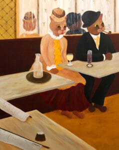 Deux chats anthropomorphes assis dans un café tamisé, inspirés de L’Absinthe d’Edgar Degas, contemplant le vide avec mélancolie et ironie.