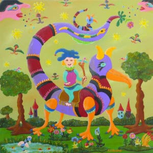 Peinture onirique de Françoise Leblond représentant un cavalier chevauchant une créature chimérique.