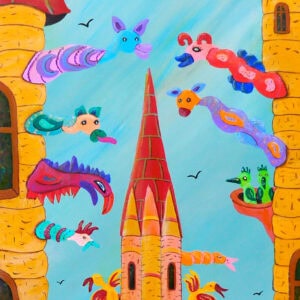 Peinture fantastique représentant des gargouilles dansant dans un ciel enchanté.