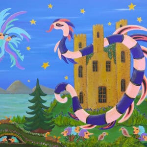 Tableau surréaliste féerique de Françoise Leblond, Le Gardien des Songes, serpent ailé protégeant un château imaginaire.