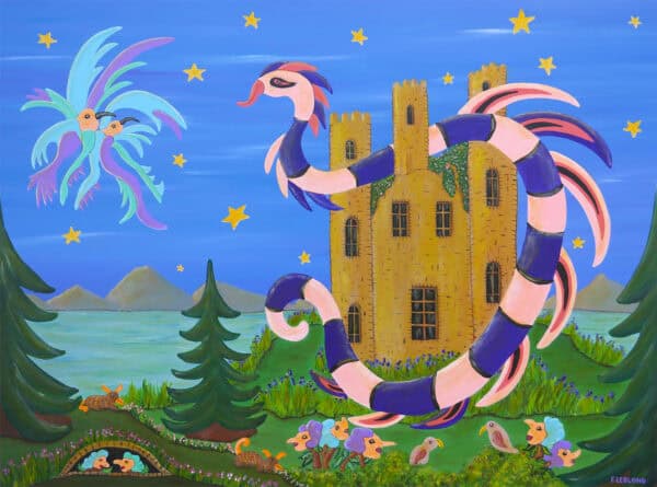 Tableau surréaliste féerique de Françoise Leblond, Le Gardien des Songes, serpent ailé protégeant un château imaginaire.