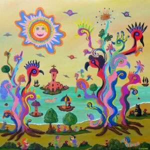 L’Île aux Oiseaux Chimériques – peinture fantastique de Françoise Leblond avec arbres ailés et oiseaux féeriques.
