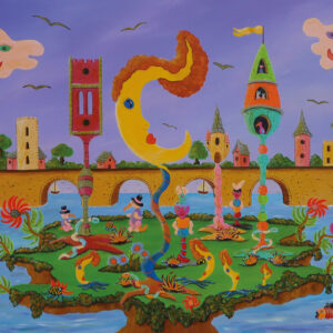 Tableau « L’Île des Chimères » de Françoise Leblond représentant une île onirique avec une architecture fantastique, des figures hybrides et des couleurs éclatantes inspirées du surréalisme et des enluminures médiévales.
