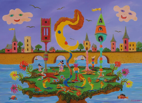 Tableau « L’Île des Chimères » de Françoise Leblond représentant une île onirique avec une architecture fantastique, des figures hybrides et des couleurs éclatantes inspirées du surréalisme et des enluminures médiévales.