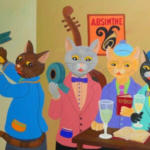 Tableau coloré de Françoise Leblond représentant des chats anthropomorphiques dans un café, observant une banane scotchée au mur. Une parodie tendre et ironique de l’œuvre de Cattelan, entre humour et poésie.