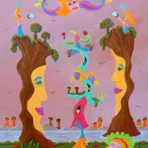 Tableau poétique de Françoise Leblond où arbres et visages s’unissent dans un monde surréaliste. Des sylphes ailés dansent dans une nature vivante, entre rêve, lumière et souffle onirique.