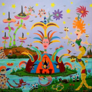 Peinture poétique et fantastique de Françoise Leblond intitulée Le Jardin des Métamorphoses, représentant un univers féerique où nature, visages et animaux s’unissent dans une danse de couleurs.