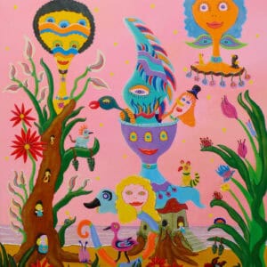 Peinture poétique et onirique de Françoise Leblond intitulée Fantasmagorie littorale, représentant un univers marin imaginaire aux couleurs éclatantes, entre nature et rêve.