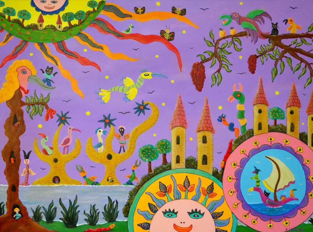 Peinture colorée de Françoise Leblond intitulée Le Royaume des Deux Soleils, évoquant un monde féerique peuplé d’oiseaux, de fleurs et d’astres souriants sous un ciel lilas.