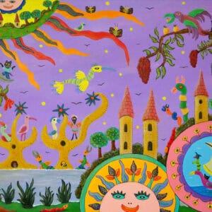 Peinture colorée de Françoise Leblond intitulée Le Royaume des Deux Soleils, évoquant un monde féerique peuplé d’oiseaux, de fleurs et d’astres souriants sous un ciel lilas.