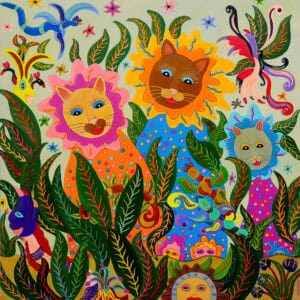 Peinture de chats colorés dans un univers imaginaire végétal, œuvre Les Gardiens des âmes joyeuses de Françoise Leblond