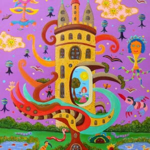 Tableau imaginaire coloré représentant une tour reliant plusieurs mondes dans un univers poétique et symbolique