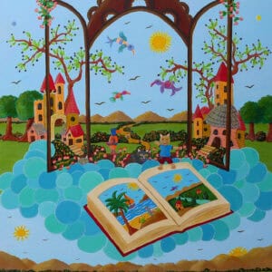 Le Livre des Mondes, peinture de Françoise Leblond représentant un livre ouvert d'où surgit un univers imaginaire peuplé de chats, d'oiseaux, de villages et de paysages féeriques.